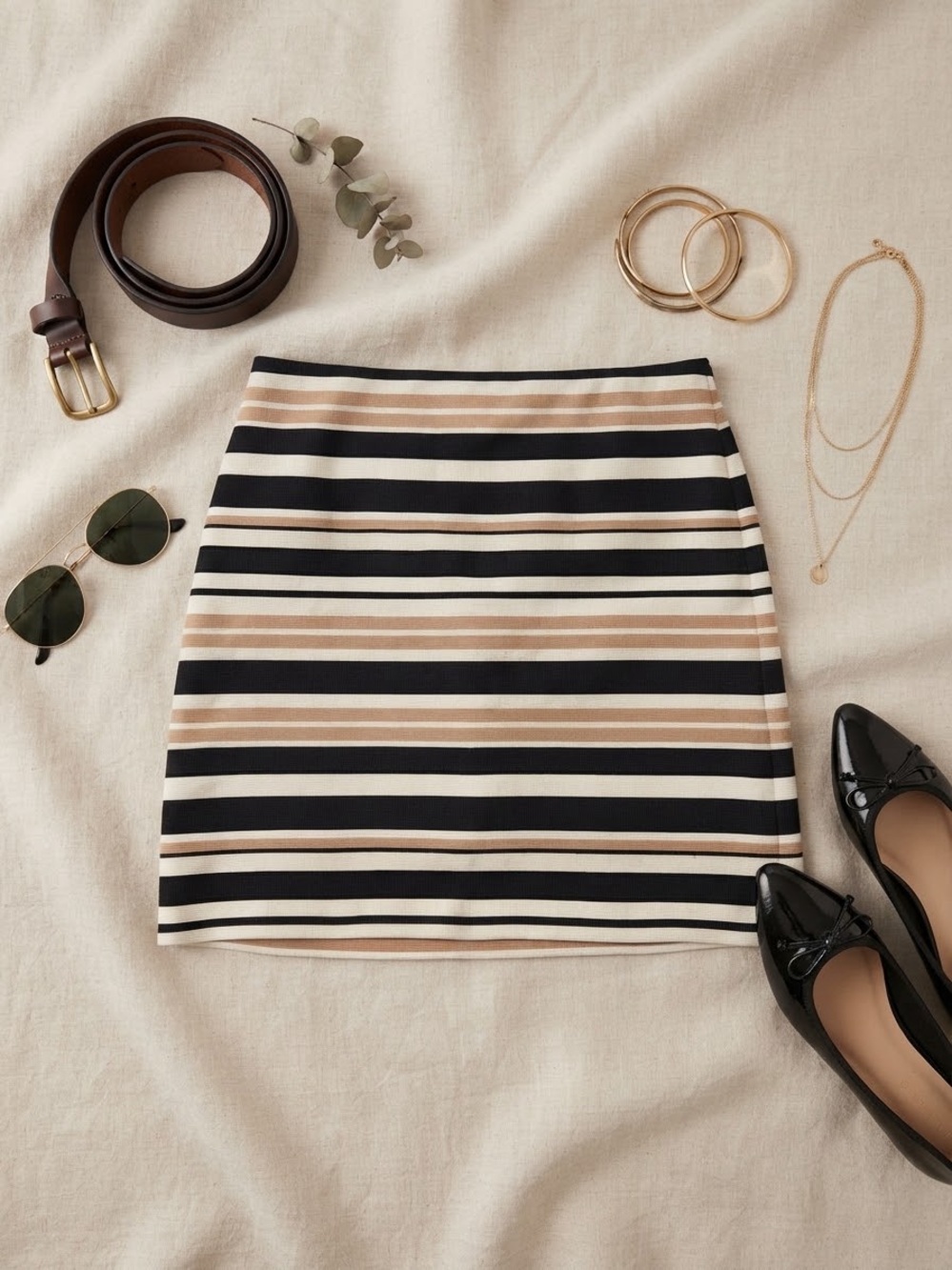 LOFT Striped Mini Skirt in Black, Cream & Tan